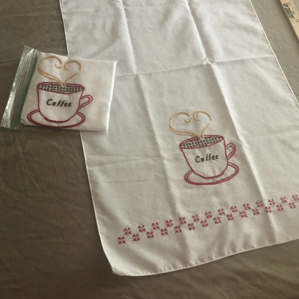 Tea Towels, Embroidered Coffee Theme Handmade Kitchen Decor Jack Dempsey Pattern